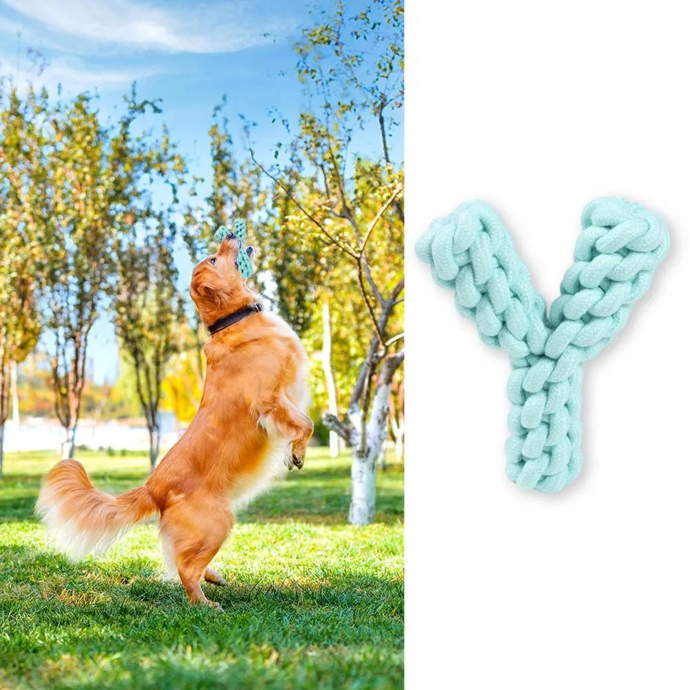 Y-shaped cotton rope dog toy for large dogs in blue, green, or yellow colours