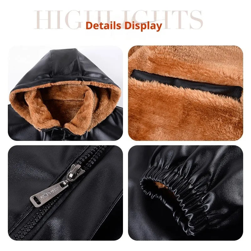 Men's fleece-lined thickened PU leather winter coat, loose wide fit, 65cm medium length, thickened top colour