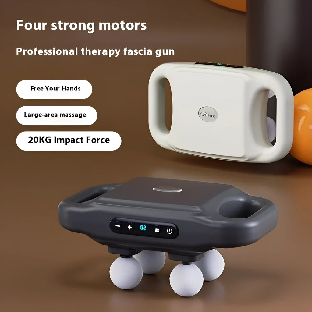 Rechargeable high-power four-head massager in black with multi-gear adjustment and Type-C charging port