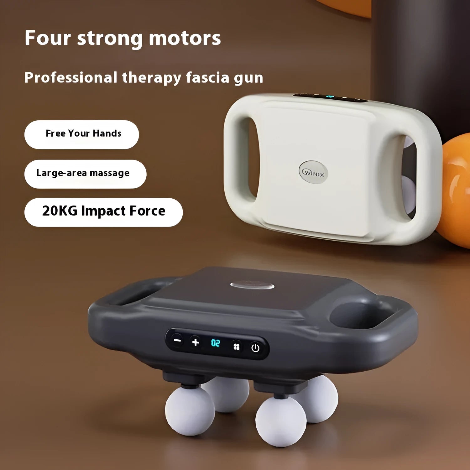 Rechargeable high-power four-head massager in black with multi-gear adjustment and Type-C charging port