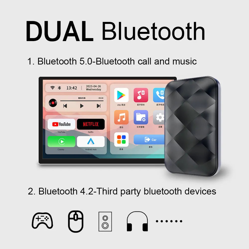 Android 11 wireless car smart box upgrade unit with ABS plastic casing showing dimensions