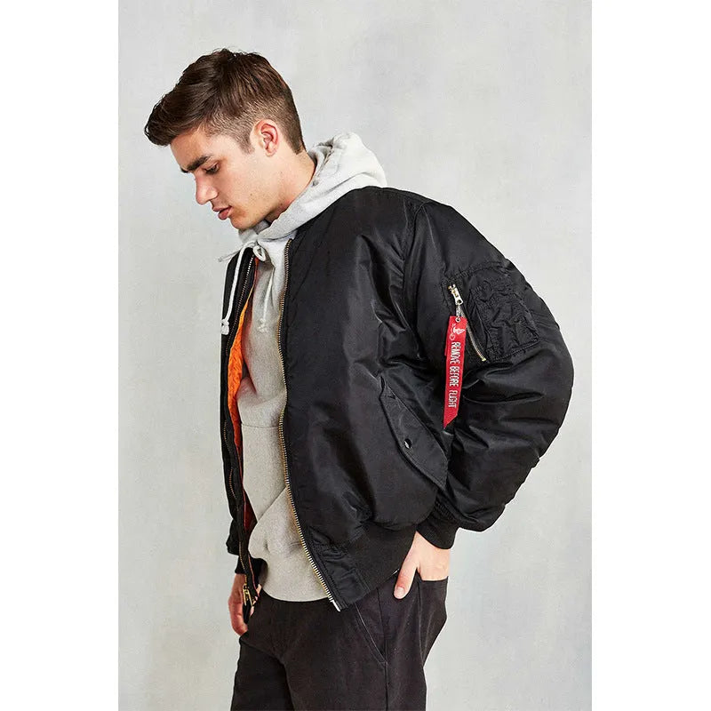 Men's loose-fit cotton-padded pilot jacket in nylon, shown in Army Green colour.