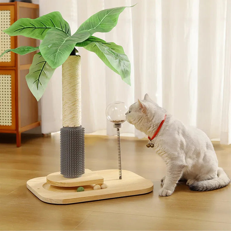 Vertical wooden cat scratching post with tan sisal rope in a simple Canna colour design.