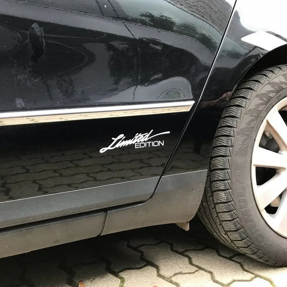 Reflective English text bumper sticker in black, white and colourful options, measuring 16cm by 3.8cm.