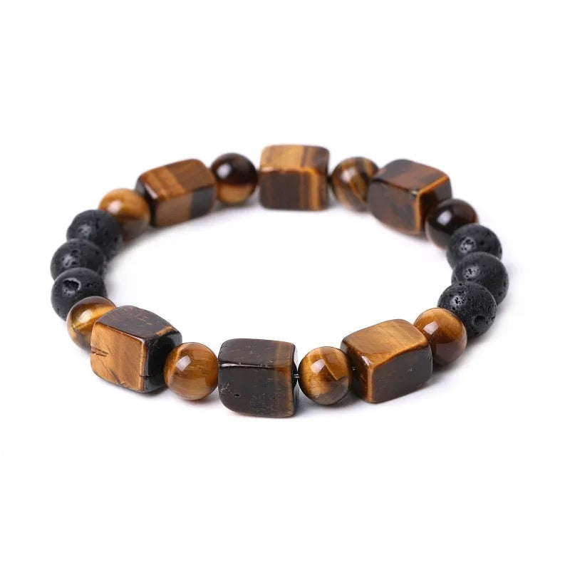 Square amethyst white crystal stone bracelet with geometric design and colourful rectangular volcanic stone
