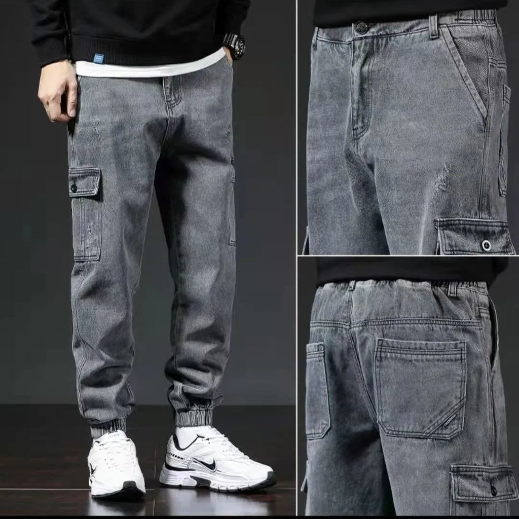 Japanese-style multi-pocket cotton workwear jeans for men in blue, black, and gray, sizes M to 5XL