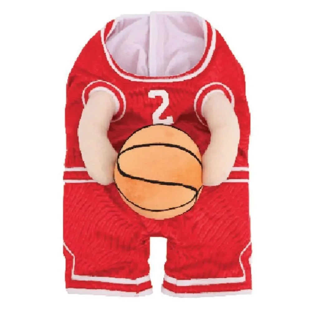 Red and yellow dog basketball costumes with attached ball element in small, medium and large sizes