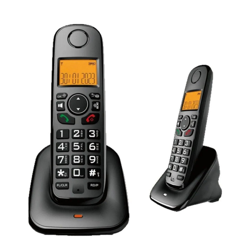 Digital wireless DECT phone with handset and base for business or home use, supporting table and wall mounting