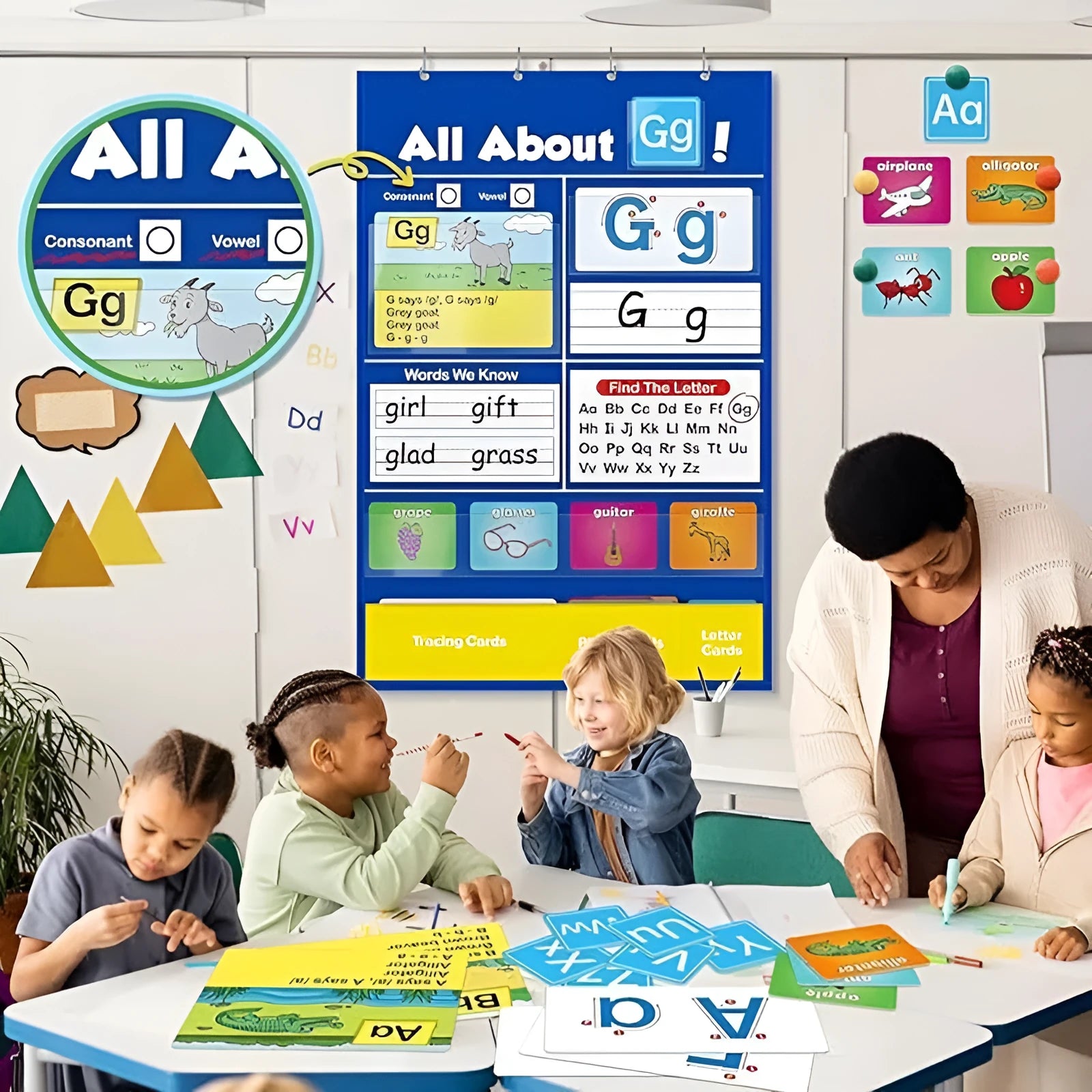Large alphabet learning chart with word cards, letter cards, and picture cards for home education.