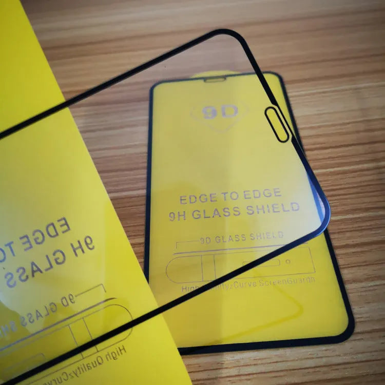 Black full screen glass tempered film for Xiaomi phones on a white background
