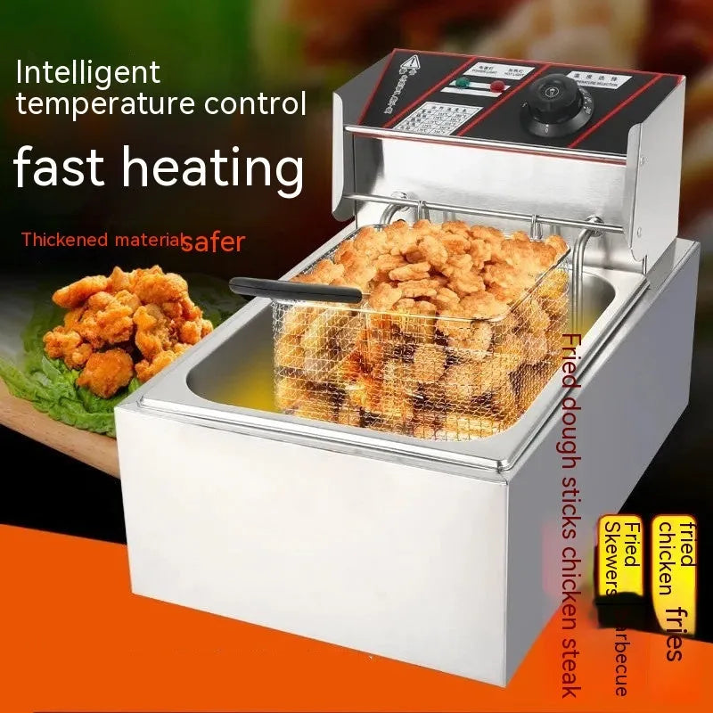 Commercial stainless steel electric deep fryer with temperature control and large cooking capacity