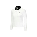 Women's white slim fit long sleeve polyester golf top on a hanger.