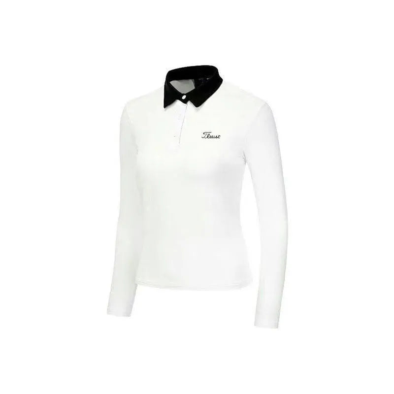 Women's white slim fit long sleeve polyester golf top on a hanger.