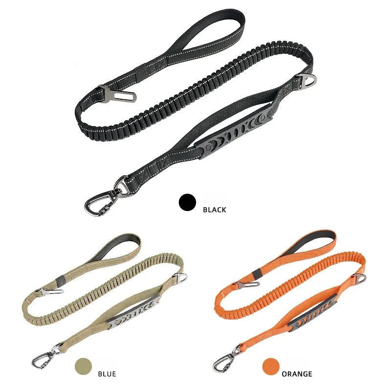 Large retractable dog leash with reflective elements in black, orange, and khaki colour options