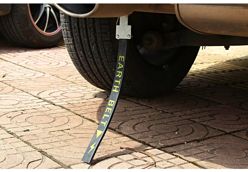 Black 370mm long car electrostatic grounding belt with rubber casing and metal clamp for vehicle static discharge.