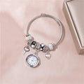 Women's bangle quartz watch with love heart key pendant, alloy strap, 2.1 cm dial, black colour