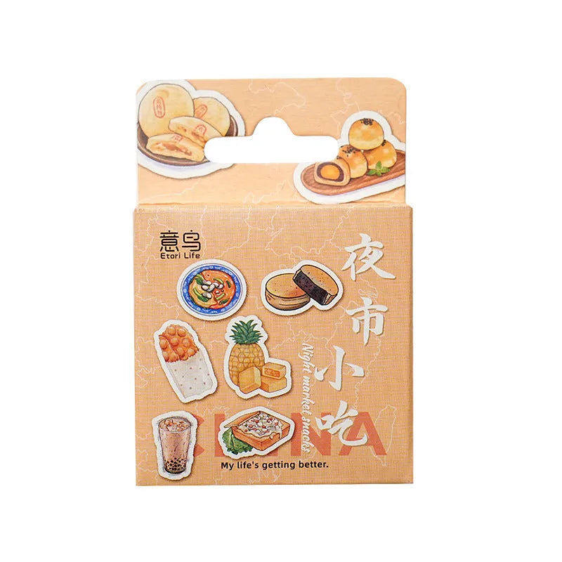 Box-packed Night Market snacks retro style printed adhesive sticker set with 46 pieces