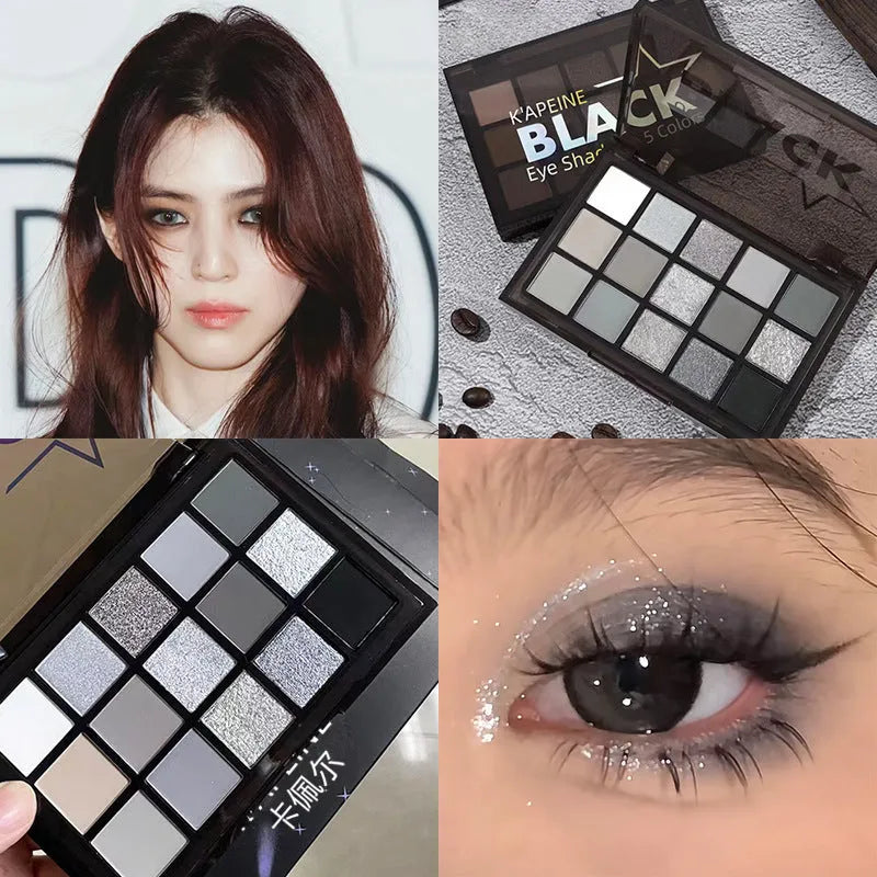 15-colour Night Elf eye shadow palette showing grey, black, and dark matte shimmer shades.