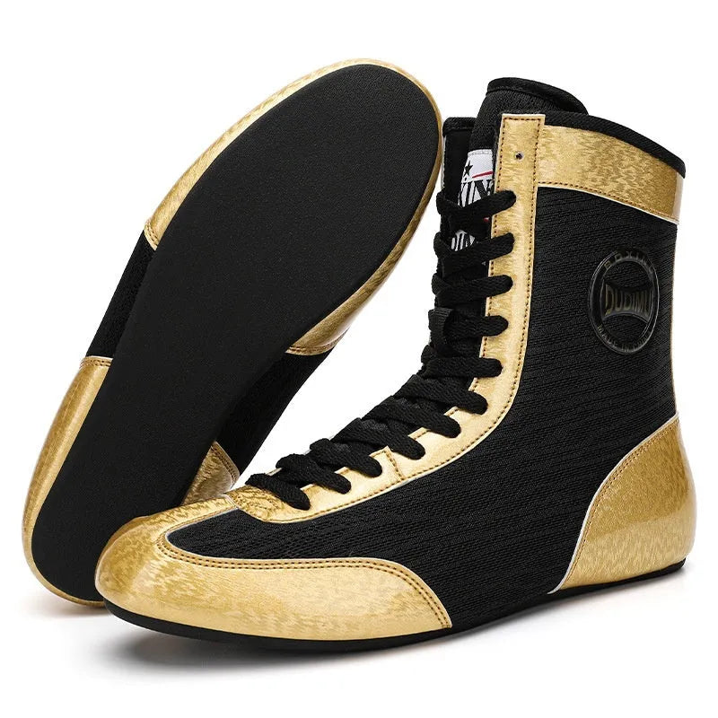 Professional black and gold mesh boxing shoes with non-slip soles for indoor training.