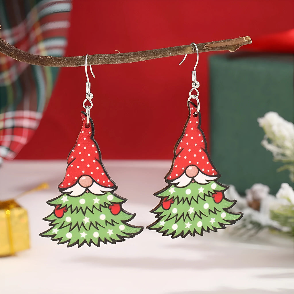 Wooden Christmas earrings with printed Santa Claus designs in geometric shapes