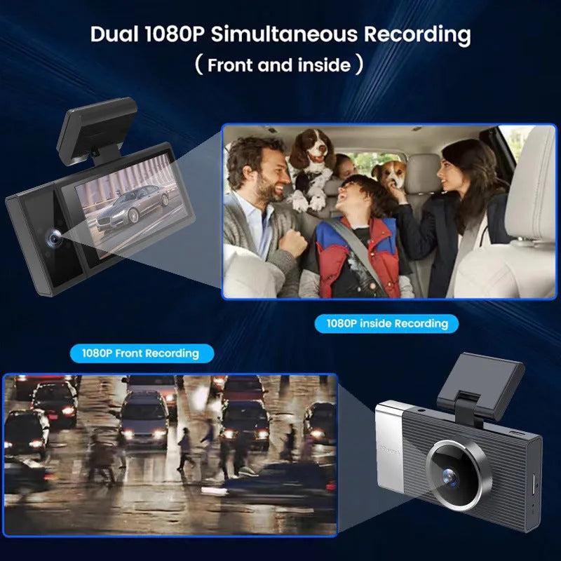 Wi-Fi enabled three-lens driving recorder with 3-inch screen and push-button controls