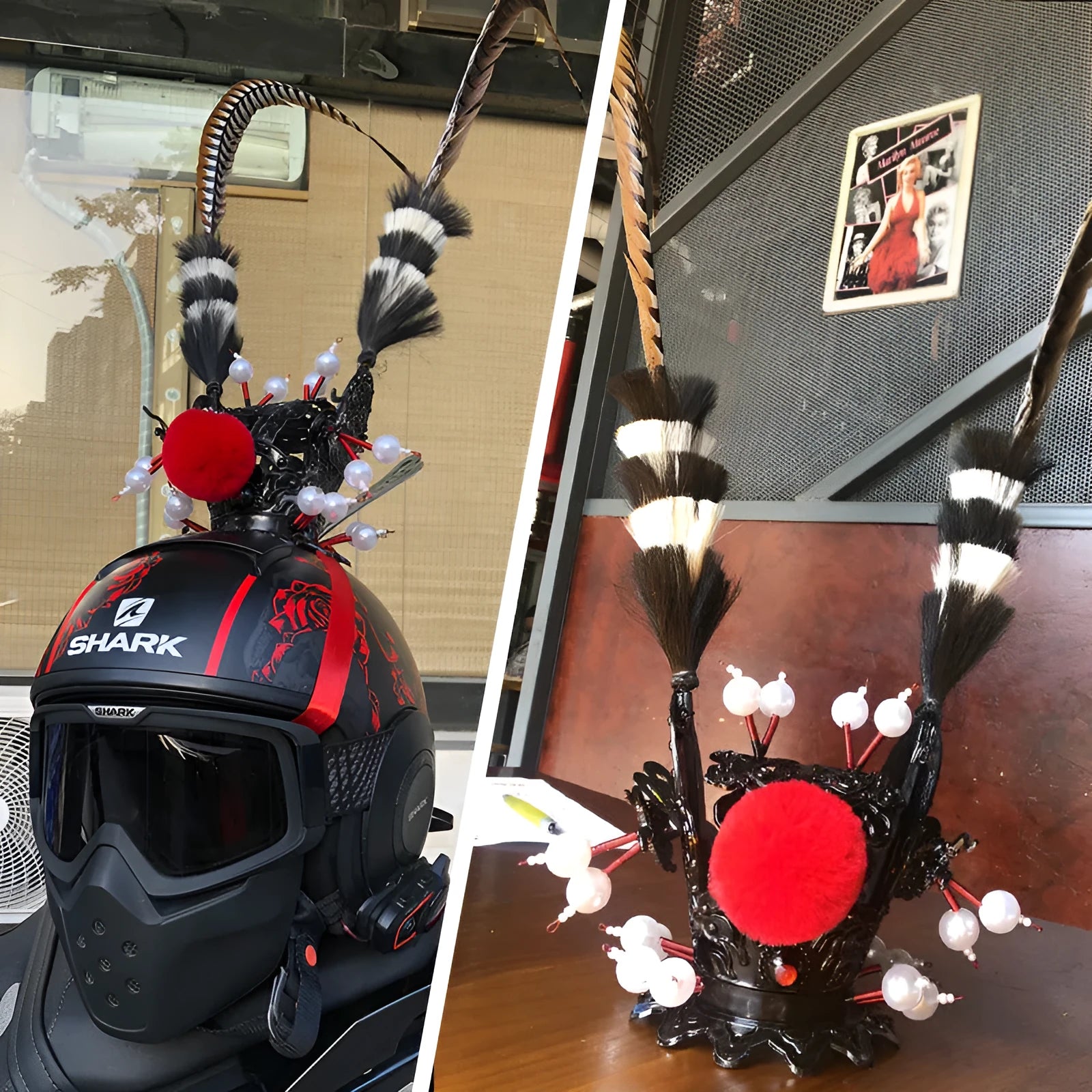 Zijin black crown and long feather decoration attached to a motorcycle helmet.