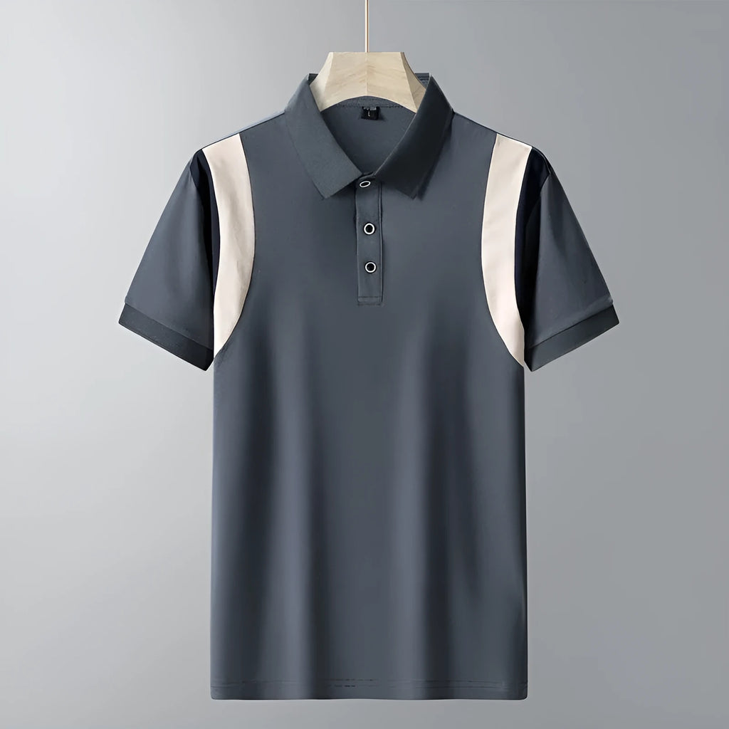 Men's grey striped short sleeve T-shirt with a lapel collar, showing a loose fit.
