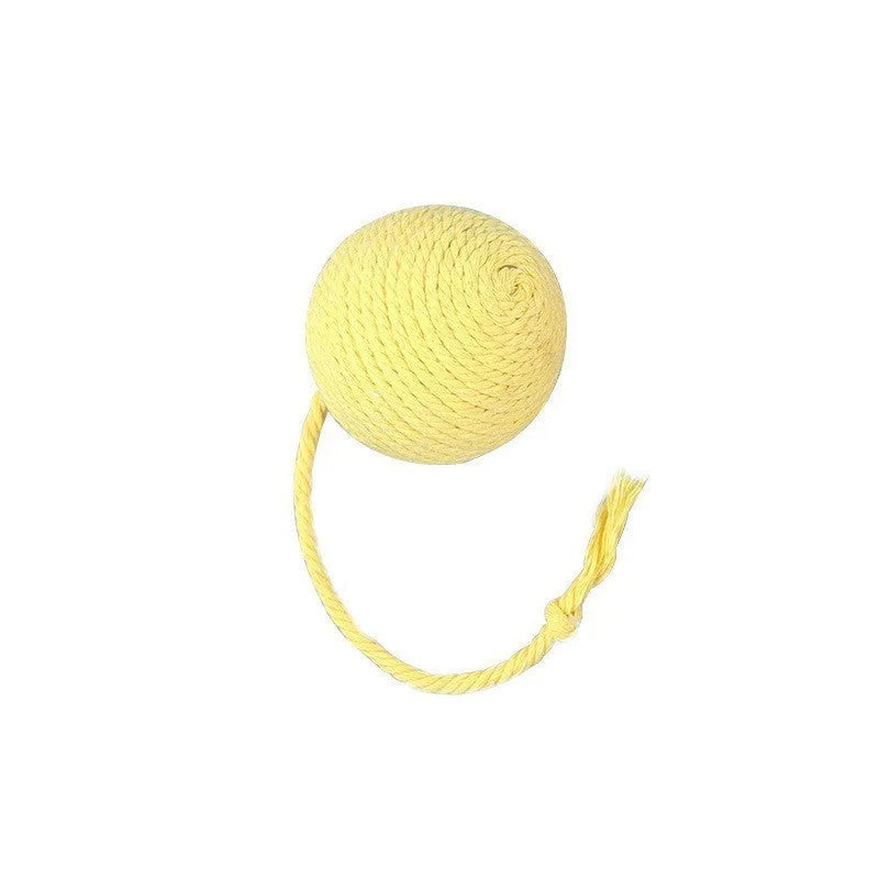Fabric cat toy ball with rope attached in green, pink, purple, or yellow colours