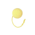 Fabric cat toy ball with rope attached in green, pink, purple, or yellow colours