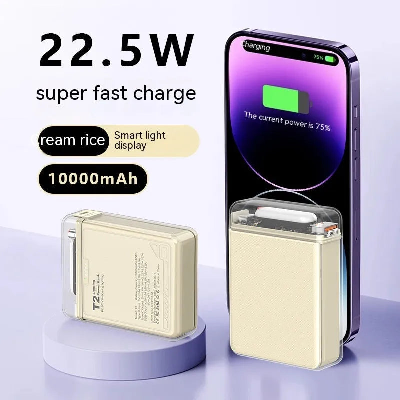 PD fast charging power bank with LED light, ABS PC shell, 90x62.5x24.5mm, in cream rice, night black or lemon yellow