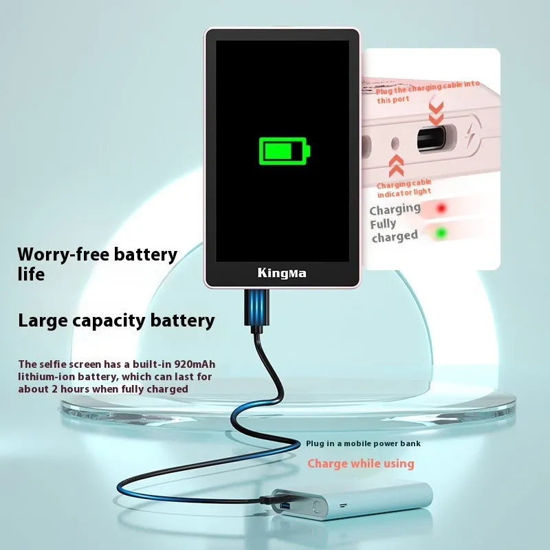 Wireless Bluetooth selfie display showing 1080p screen, available in pink and black models, lightweight 210g