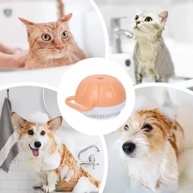 Orange silicone dog bath brush with shampoo dispenser and massage bristles for pet grooming