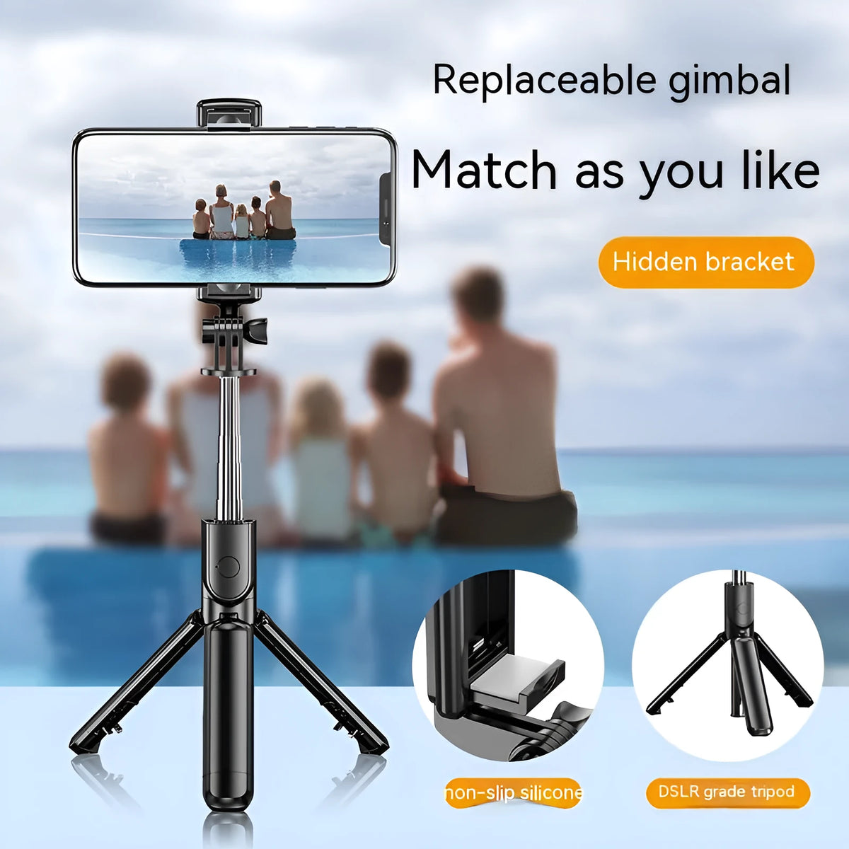 Black selfie stick tripod with wireless Bluetooth remote and universal phone holder, anti-shake floor stand.