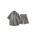 Men's dark grey loose shorts and casual shirt two-piece set made from hemp-blend fabric.