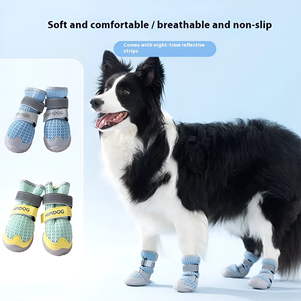 Cartoon style blue and green dog shoes made from PU material for summer wear.
