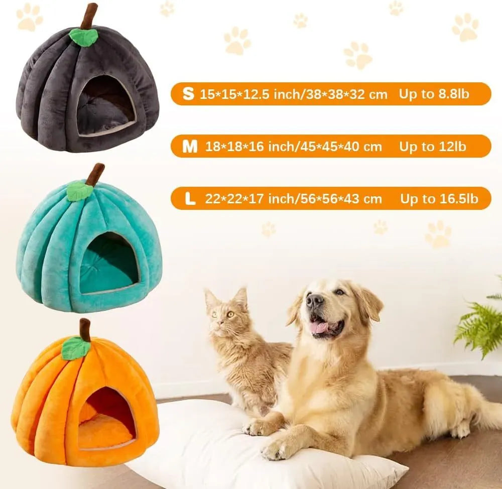 Orange pumpkin-shaped cat cave bed with plush entry hole on a wooden floor