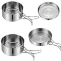 Silver stainless steel camping cookware set with split pots for 2-3 people outdoor cooking