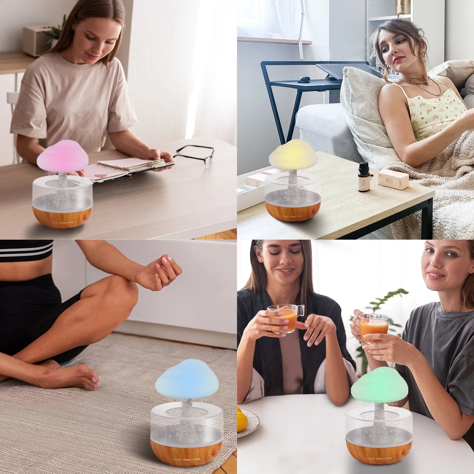 White cloud-shaped humidifier with multi-colour night light on a table.