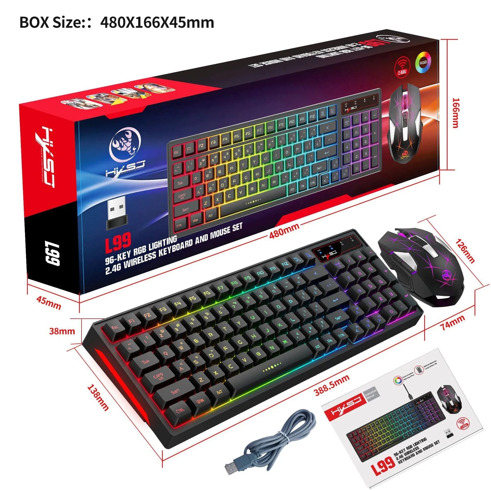 L99 wireless rechargeable 2.4G keyboard and mouse film set with RGB glow and Type-C charging