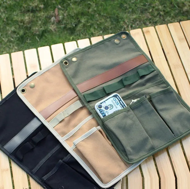 Canvas multifunctional storage bag for outdoor camping, side hanging, armrest design, available in black
