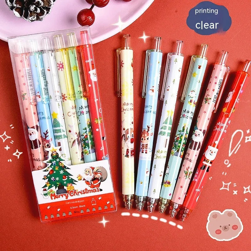 6 cartoon design press gel pens with black refills in Christmas gift packaging