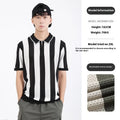 Man wearing a short sleeve striped ice silk viscose sweater with a decorative zip front.