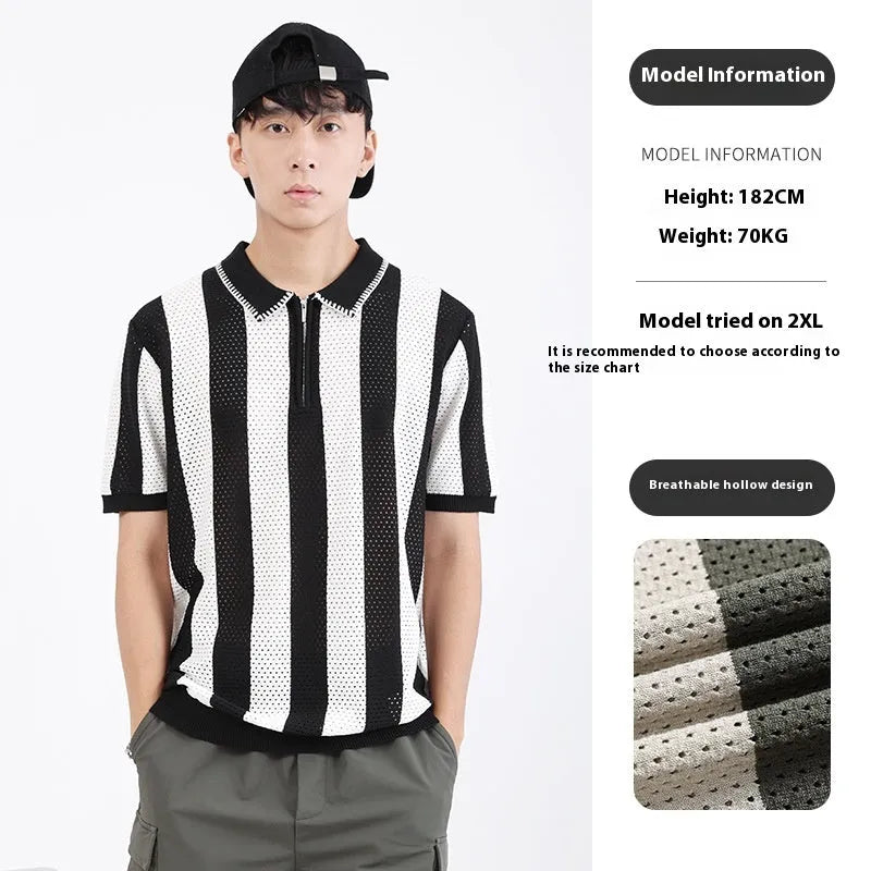 Man wearing a short sleeve striped ice silk viscose sweater with a decorative zip front.