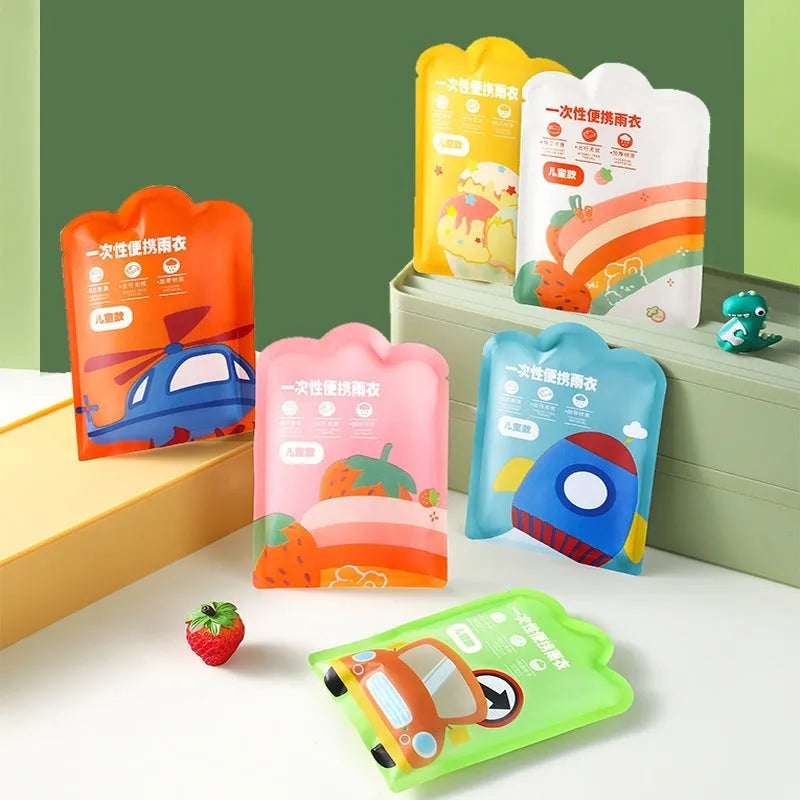 Disposable children's rain poncho in bright colours with compact 13x9cm packaging