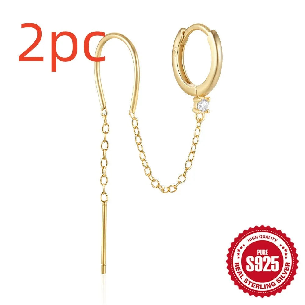 S925 Sterling Silver geometric flower and tassel chain clip-on ear studs with gold electroplated finish.
