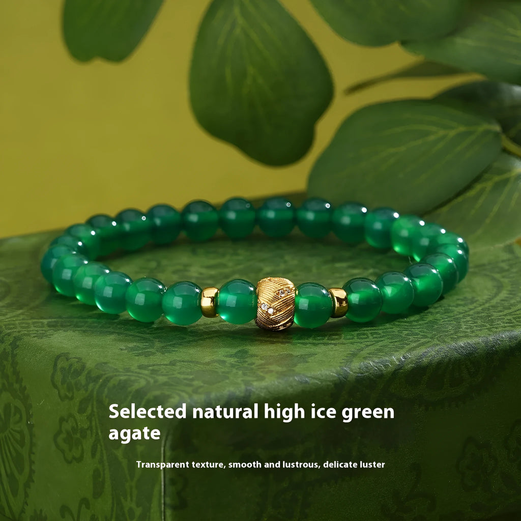 Green agate and sterling silver bracelet with 6mm geometric beads and yellow gold finish
