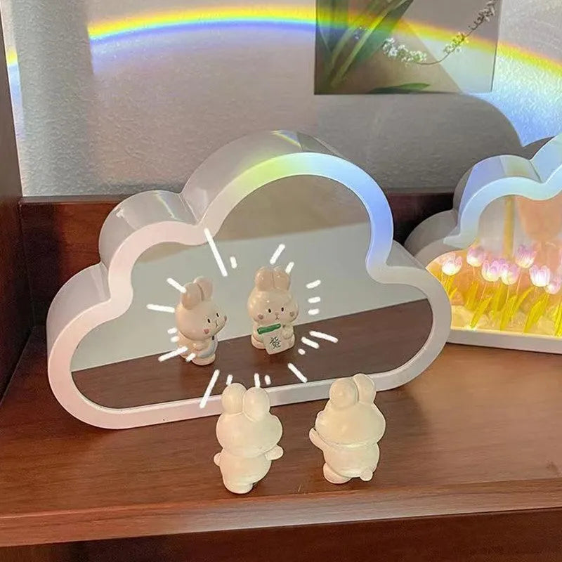 Cloud-shaped tulip night lamp with LED lights and integrated mirror on a table