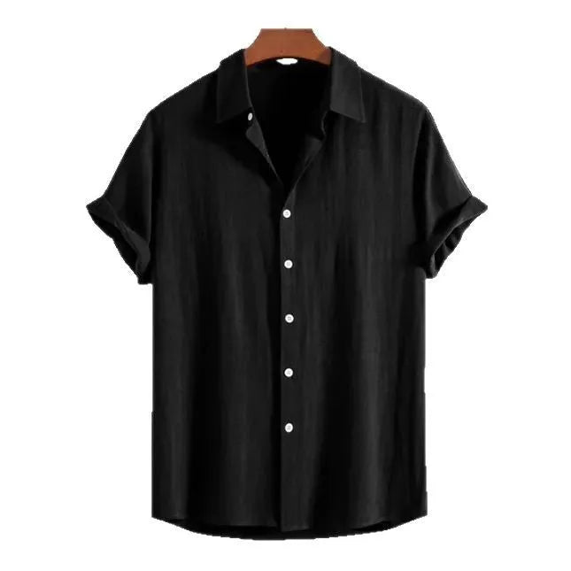 Men's loose fitting cotton-linen blend cardigan in solid colour with short sleeves