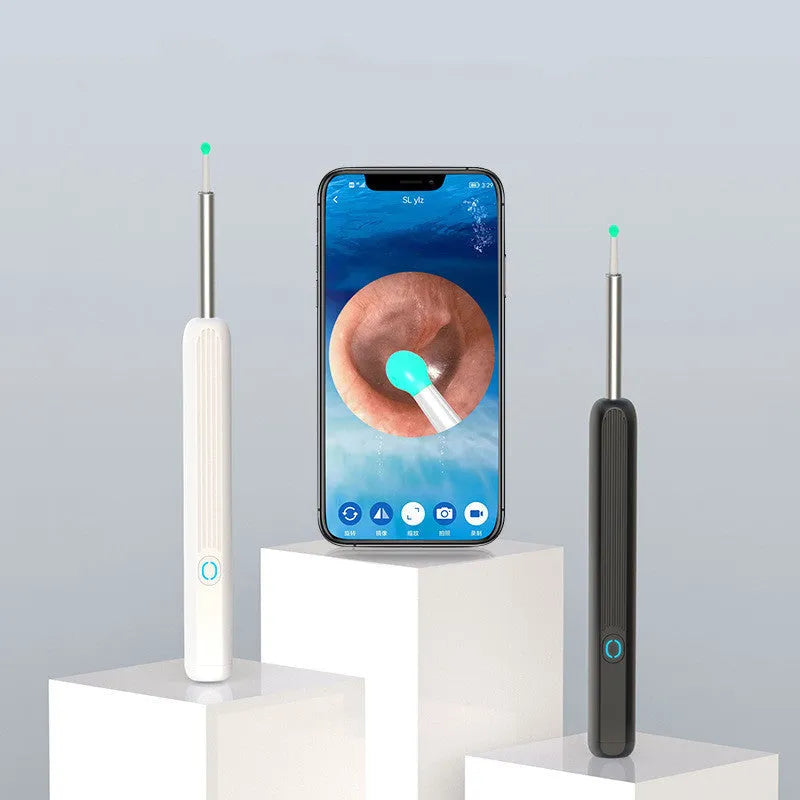 NE3 wireless ear cleaner otoscope with camera, charging cable, and spoon heads on a white background.