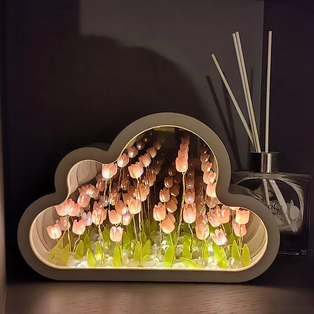 Cloud-shaped tulip night lamp with LED lights and integrated mirror on a table